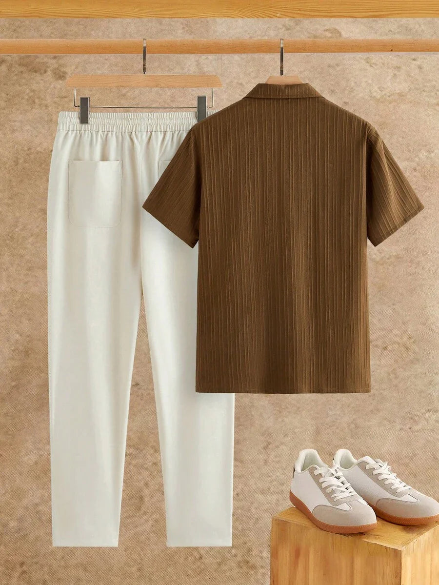 Men's Button-Up Striped Shirt and Trousers Set