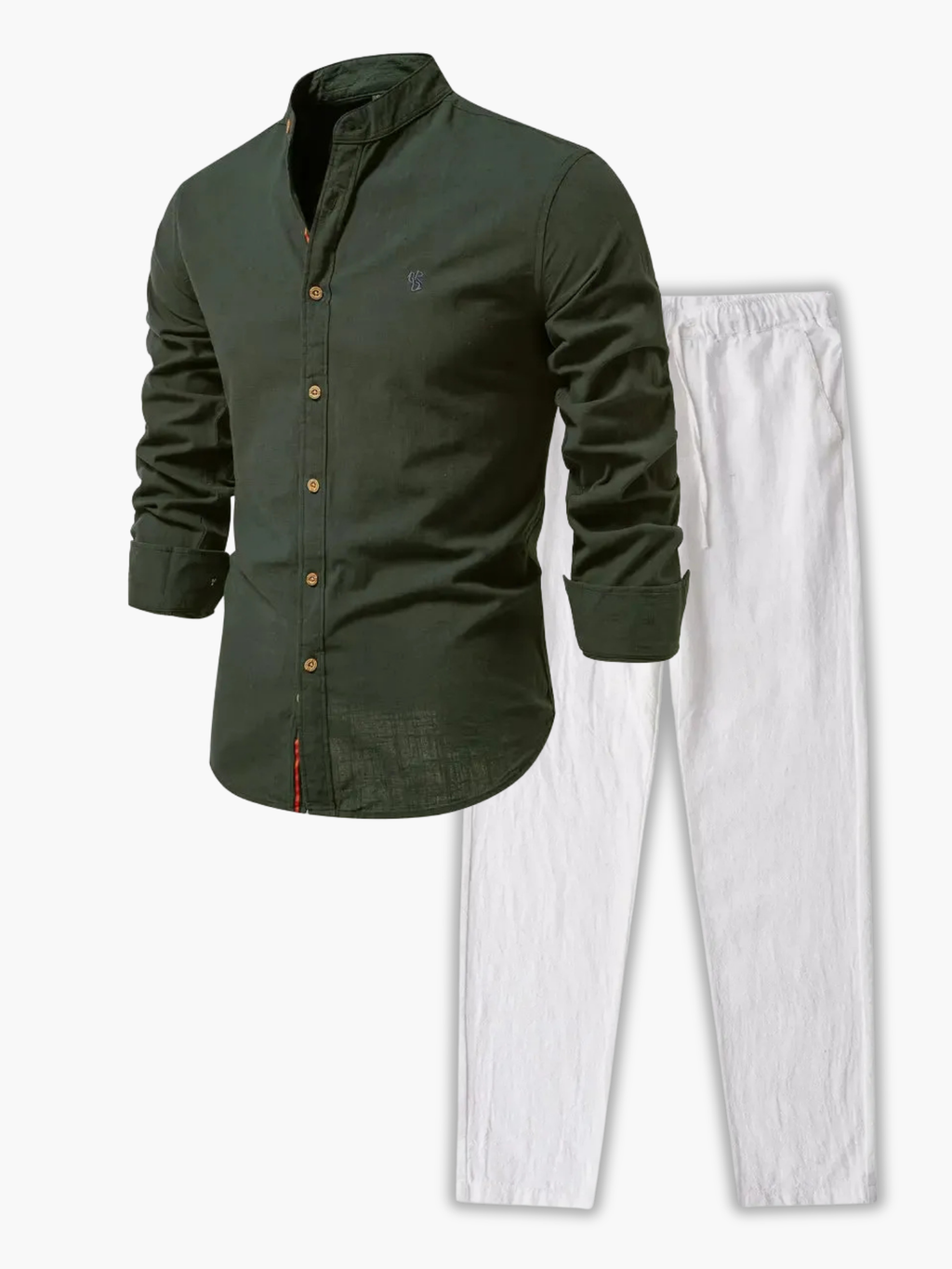 Men's Buttoned Mandarin Collar Shirt and Trousers Set