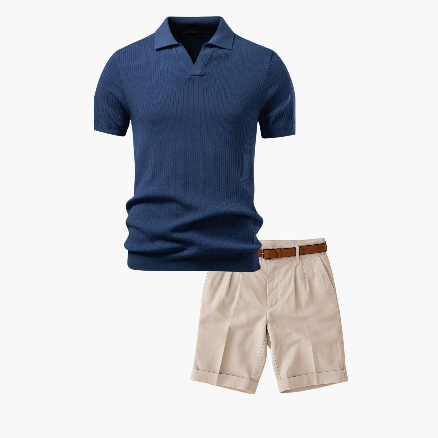Men's Open Collar Polo and Pleated Shorts Set