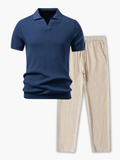 Men's Open Collar Polo and Trousers Set