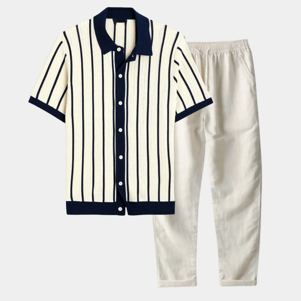 Men's Striped Polo Shirt and Trouser Set