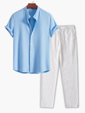 Men's Textured Band Collar Shirt and Trousers Set