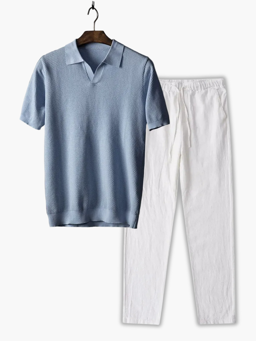 Men's Textured Polo and Drawstring Trousers Set