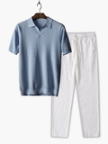 Men's Textured Polo and Drawstring Trousers Set