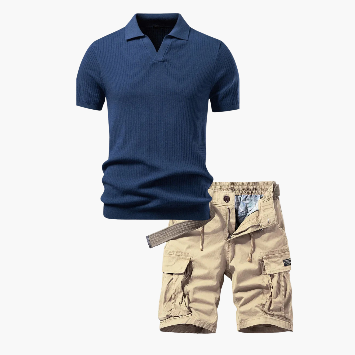 Men's V Neck Polo and Cargo Shorts Set